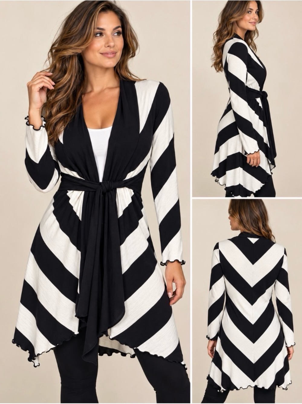 Joseph Ribkoff Black White Chevron Belted Cover Up Cardigan Size 2